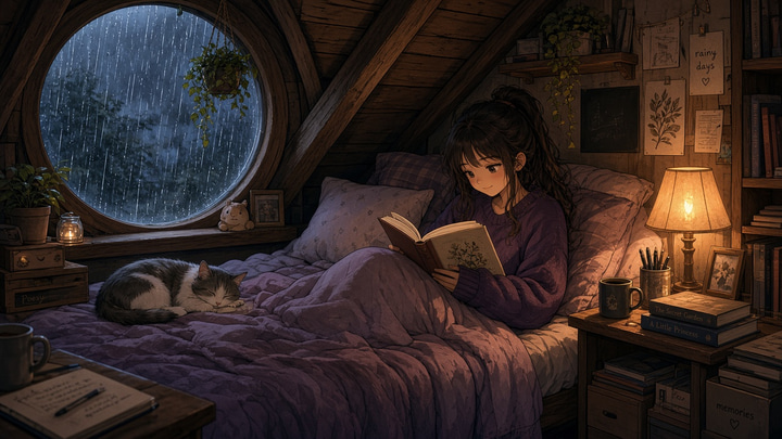 Bold Create: Cozy anime-style illustration of a girl reading a book in a cluttered attic bedroom on a rainy evening, rain streaks on the round window, warm lamp light, a sleeping cat on the bed.