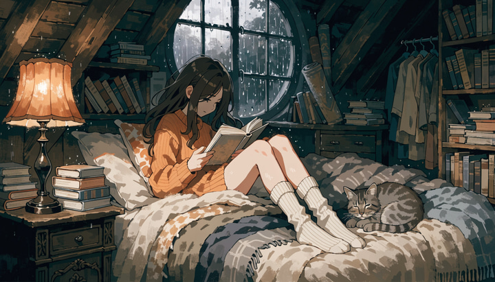 Recraft V4: Cozy anime-style illustration of a girl reading a book in a cluttered attic bedroom on a rainy evening, rain streaks on the round window, warm lamp light, a sleeping cat on the bed.