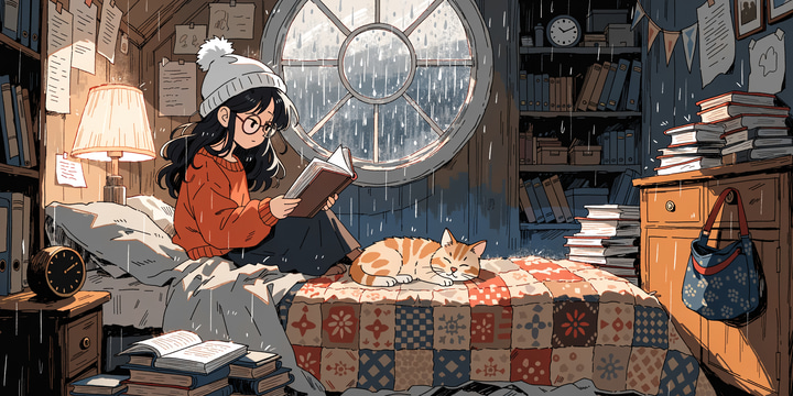 Recraft V4 Pro: Cozy anime-style illustration of a girl reading a book in a cluttered attic bedroom on a rainy evening, rain streaks on the round window, warm lamp light, a sleeping cat on the bed.