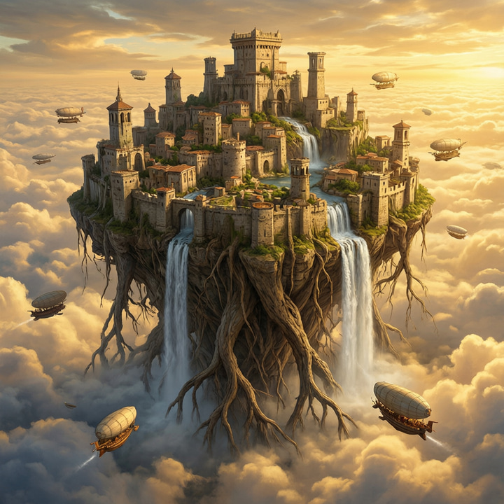 Imagera Typeset 3: Concept art of a floating citadel built on giant stone roots above a sea of clouds, waterfalls spilling into the void, tiny airships for scale, golden sunset, epic matte painting.