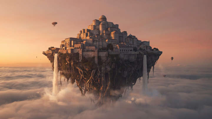 Ideogram 4.5: Concept art of a floating citadel built on giant stone roots above a sea of clouds, waterfalls spilling into the void, tiny airships for scale, golden sunset, epic matte painting.