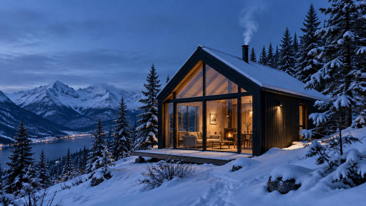 ChatGPT 2.5 Flare: Exterior of a small glass and black timber cabin on a snowy mountain slope at blue hour, warm light glowing from inside, pine trees, a thin trail of chimney smoke, architectural photography.