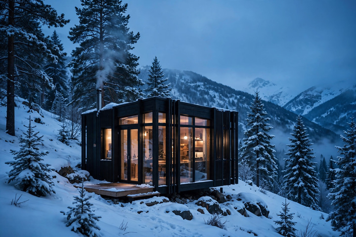 Muse Image: Exterior of a small glass and black timber cabin on a snowy mountain slope at blue hour, warm light glowing from inside, pine trees, a thin trail of chimney smoke, architectural photography.