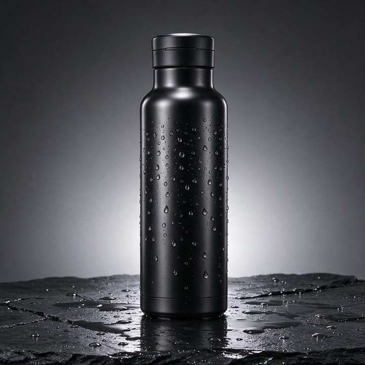 Seedream 5 Flash: Studio product photo of a matte black stainless steel water bottle standing on wet dark slate, water droplets beading on the bottle, soft rim light from behind, clean seamless gray background, 85mm lens, sharp focus.