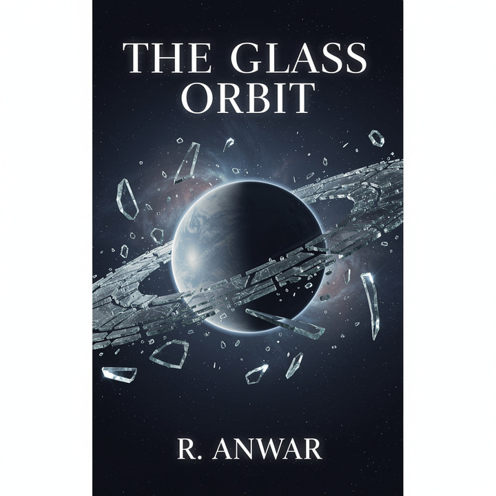 Flux 2 Pro: Book cover for a science fiction novel titled 'THE GLASS ORBIT' by 'R. ANWAR': a planet whose rings are made of shattered glass, deep navy space, elegant serif typography, the title at the top and the author at the bottom.