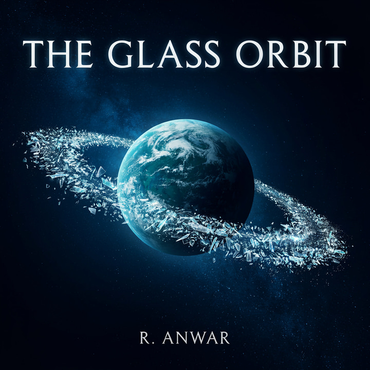 Ideogram 4.5: Book cover for a science fiction novel titled 'THE GLASS ORBIT' by 'R. ANWAR': a planet whose rings are made of shattered glass, deep navy space, elegant serif typography, the title at the top and the author at the bottom.