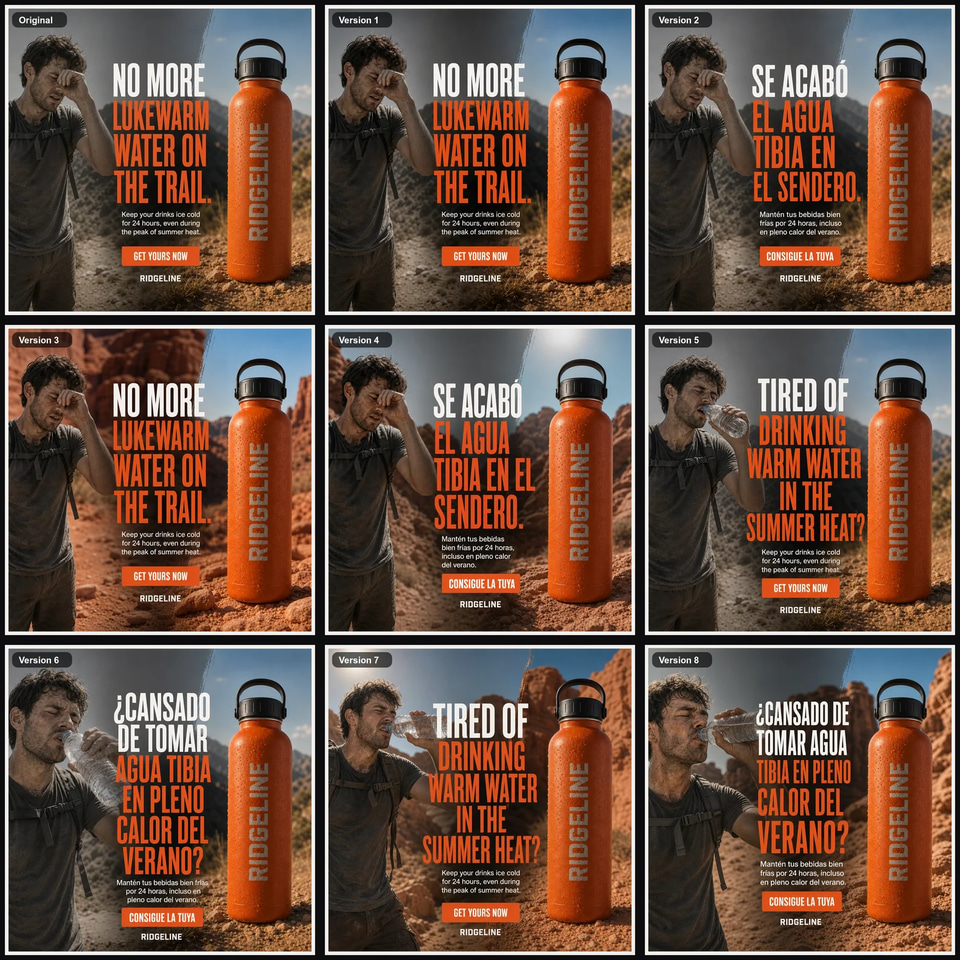 One Ridgeline water bottle ad and eight versions made from it in Ad Remakes: new hooks, a new setting, English and Spanish
