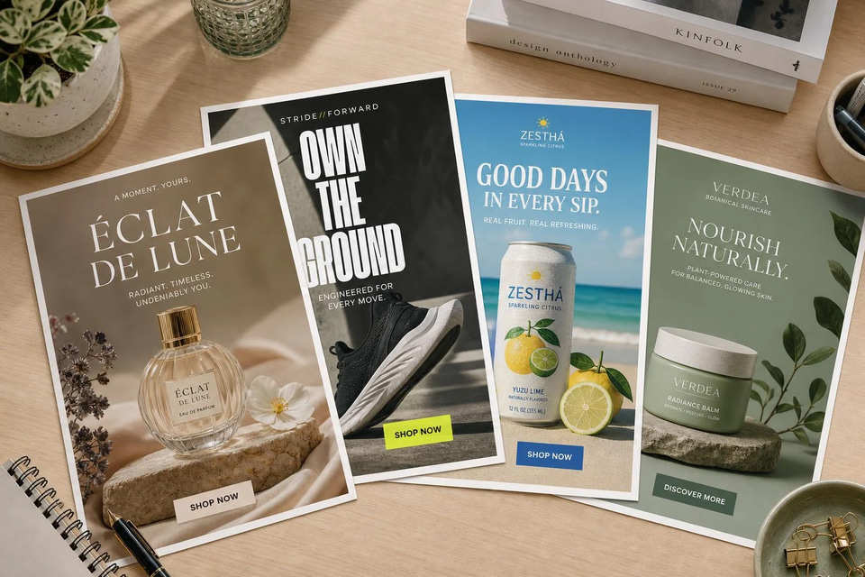 A stack of finished static ads for different products (illustration)