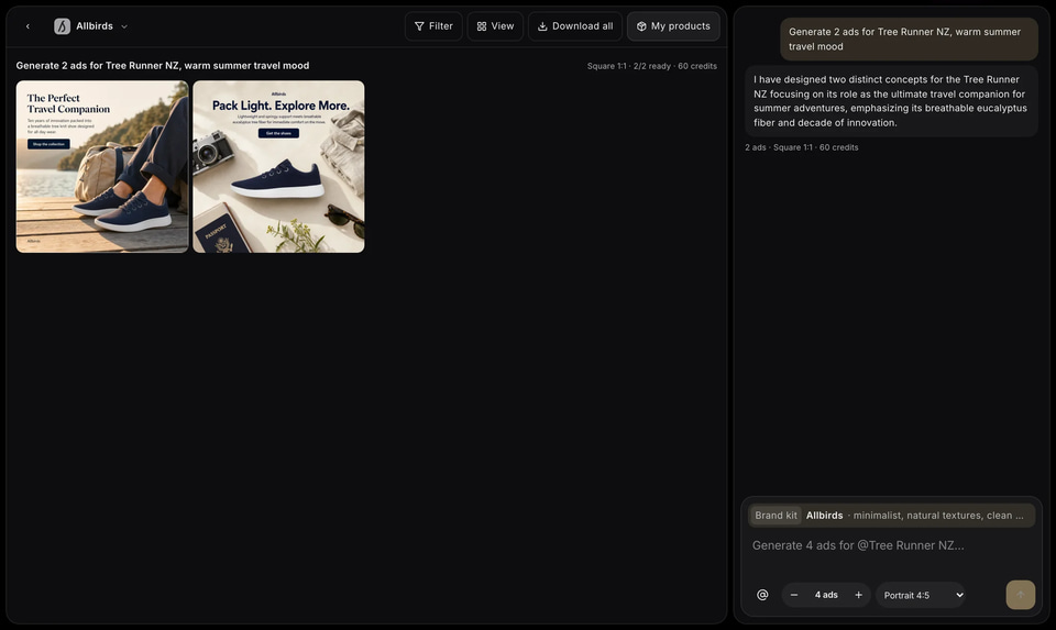 A batch of finished ads with the planning chat beside it (screenshot)