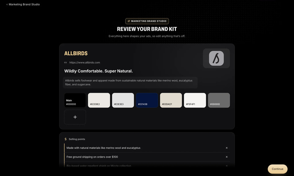 The brand kit read from the website: name, logo, colours, selling points (screenshot)