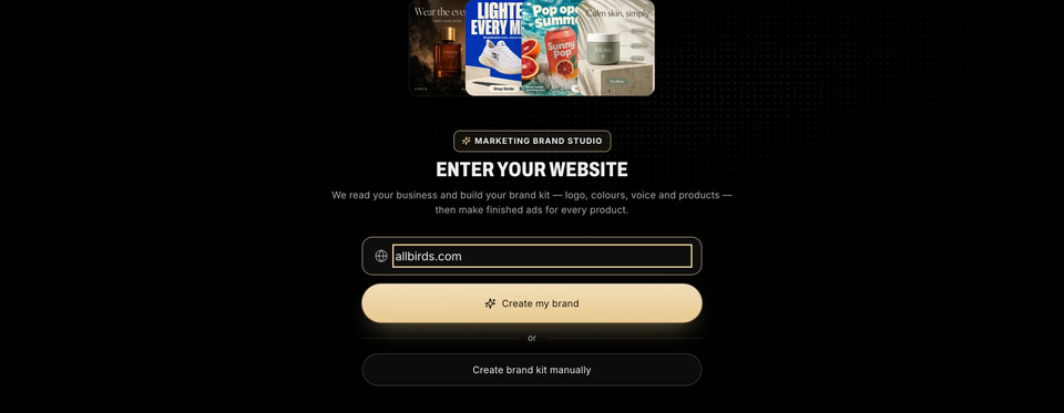 Marketing Brand Studio start: enter your website (screenshot)