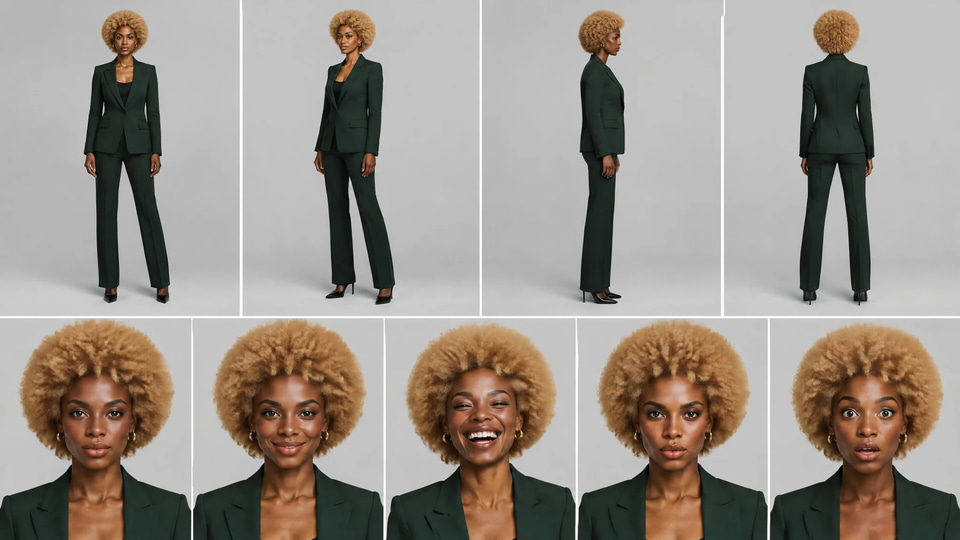 Amara's Character ID sheet, made in Influencer Studio