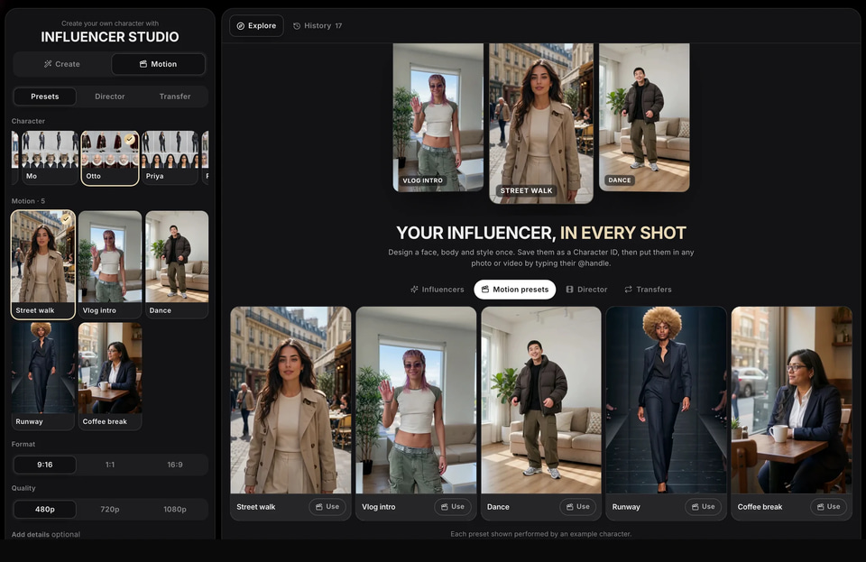 Animate a preset: a screen of Influencer Studio
