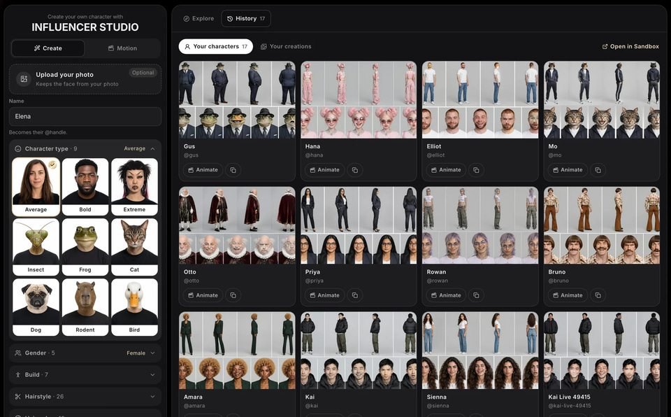 Get a Character ID: a screen of Influencer Studio