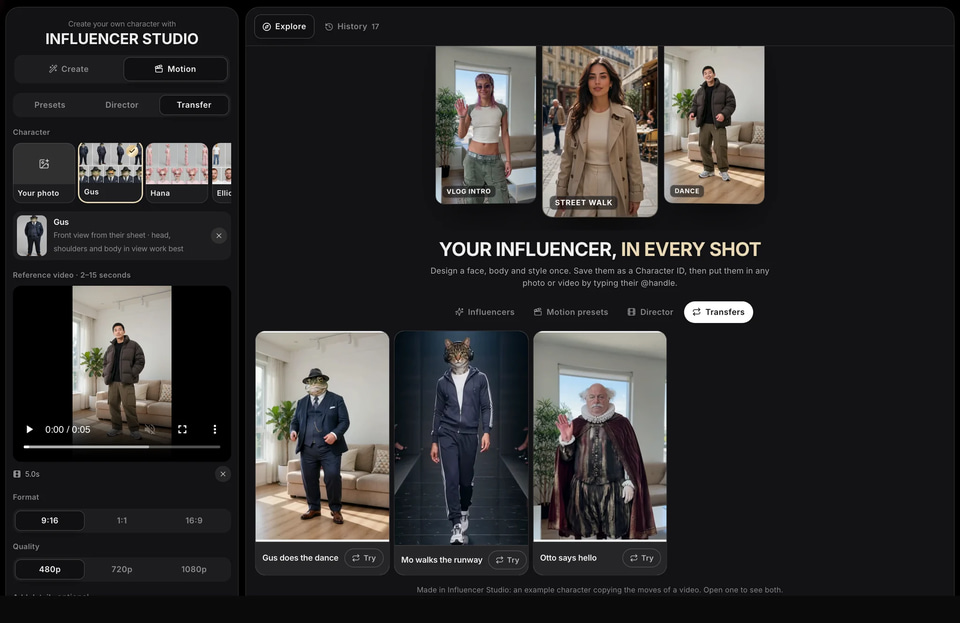 Copy any video’s moves: a screen of Influencer Studio