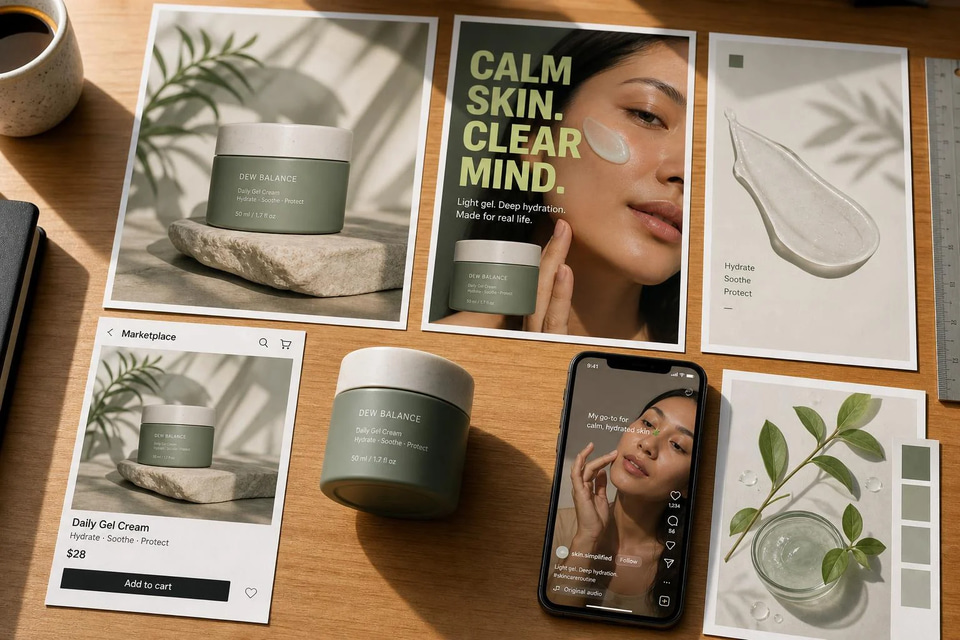 Marketing visuals for one product laid out on a table (illustration)