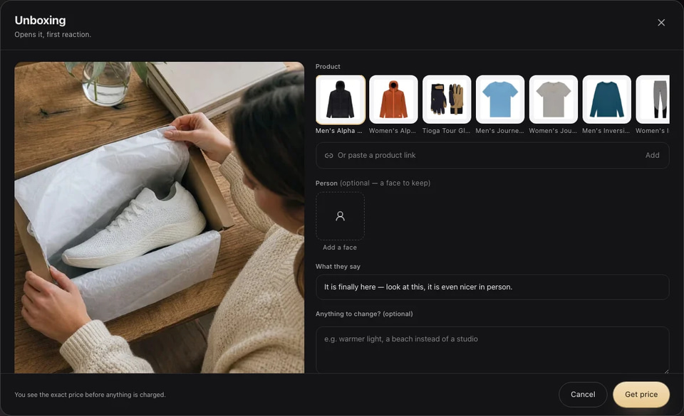 Marketing Studio composer: pick a saved product, paste a link or add a face (screenshot)