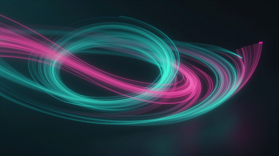 Abstract swirling ribbons of pink and teal light trails looping across a dark background