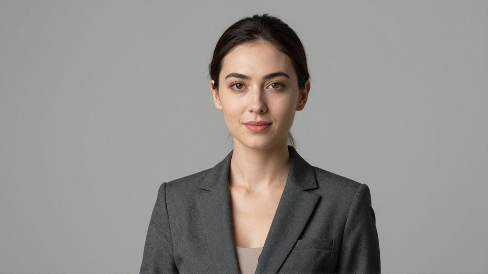 Studio headshot of a woman with dark hair pulled back, wearing a grey blazer against a plain grey backdrop