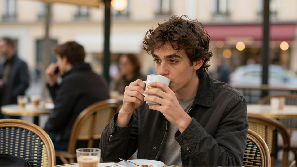A young man in a dark jacket drinking coffee at a Parisian café terrace, bistro chairs and a red awning behind him and passers-by blurred in the soft daylight