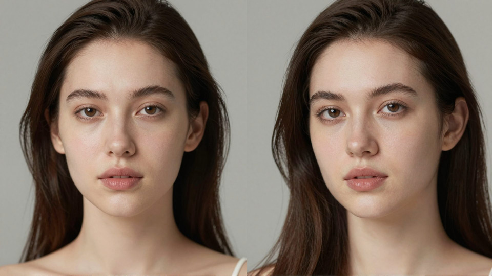 Two nearly identical close-up portraits of a young woman with long dark hair and light freckles on grey