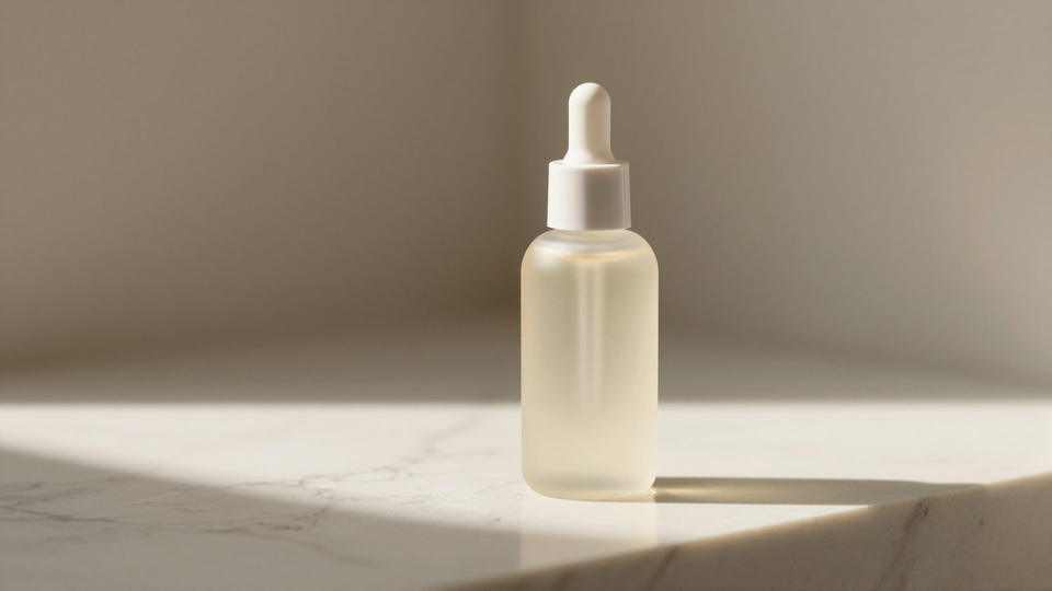 Frosted glass dropper bottle of pale serum on a marble surface in soft, angled sunlight