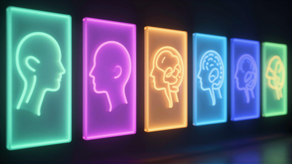 Row of glowing neon panels in green, purple, orange and blue, each outlining a head in profile with a brain