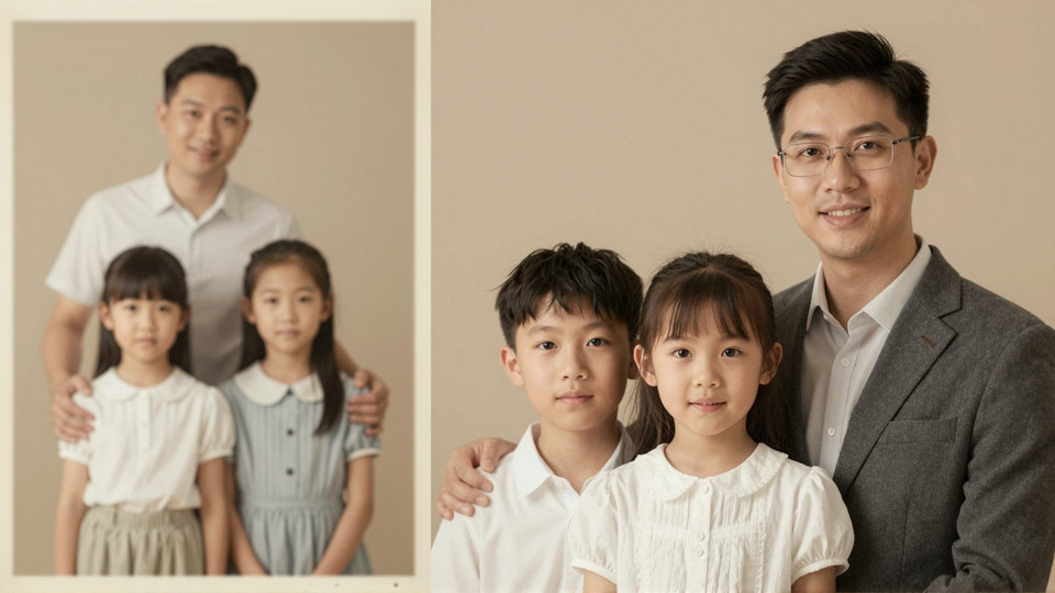 Printed photo of a father with two daughters beside a sharp portrait of a man in glasses with a boy and a girl