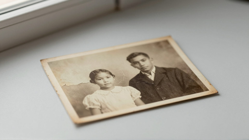 Faded sepia photo of a girl in a white dress and a young man in a dark suit lying on a windowsill