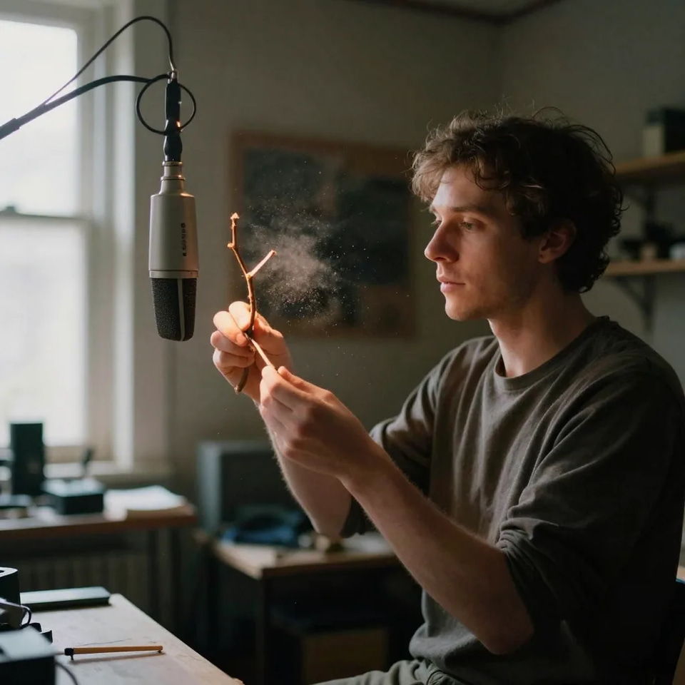 Illustration: a foley artist in a dim padded studio snapping a dry twig near a suspended microphone, dust in a single warm spotlight