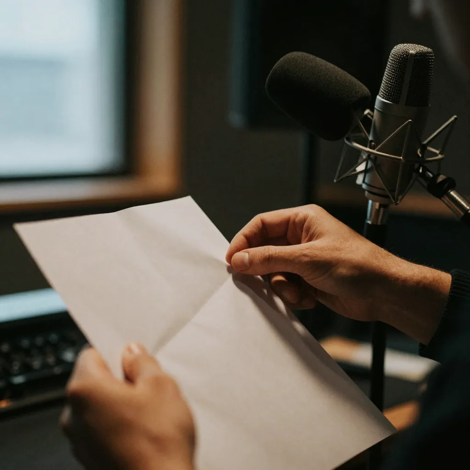 Illustration: close-up of hands crumpling a sheet of stiff paper beside a foam-covered microphone in a sound booth