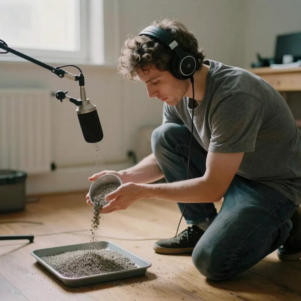 Illustration: a sound designer in headphones crouched on a wooden floor, pouring gravel from a cupped hand into a tray under a boom microphone