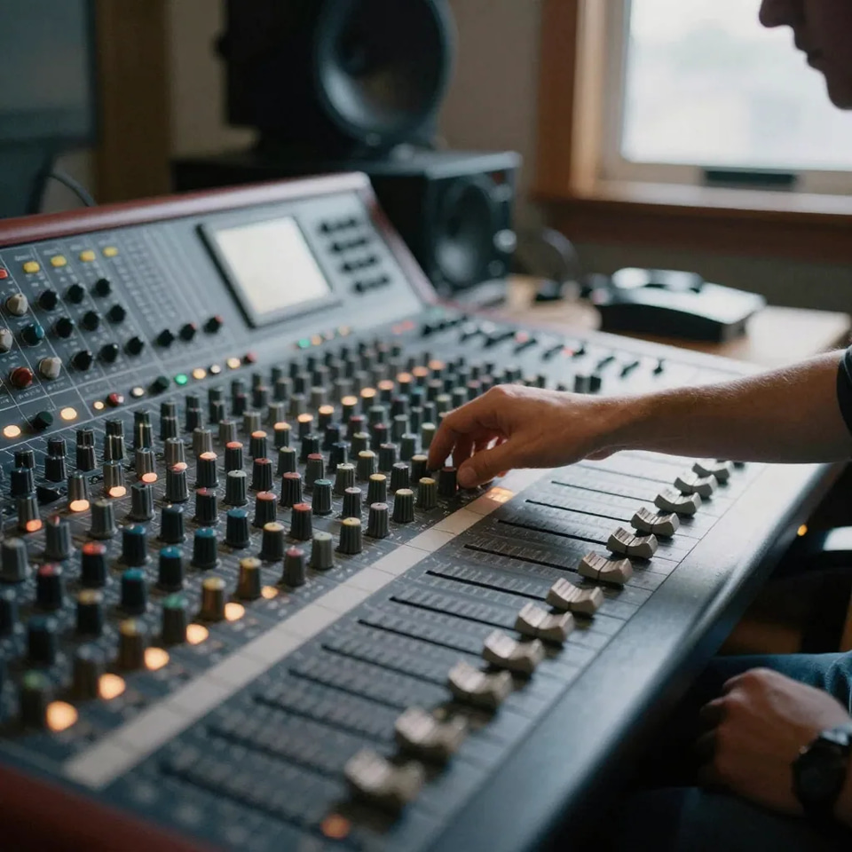 Illustration: an editor in a home studio adjusting a large knob on an audio mixing console, rows of faders glowing softly