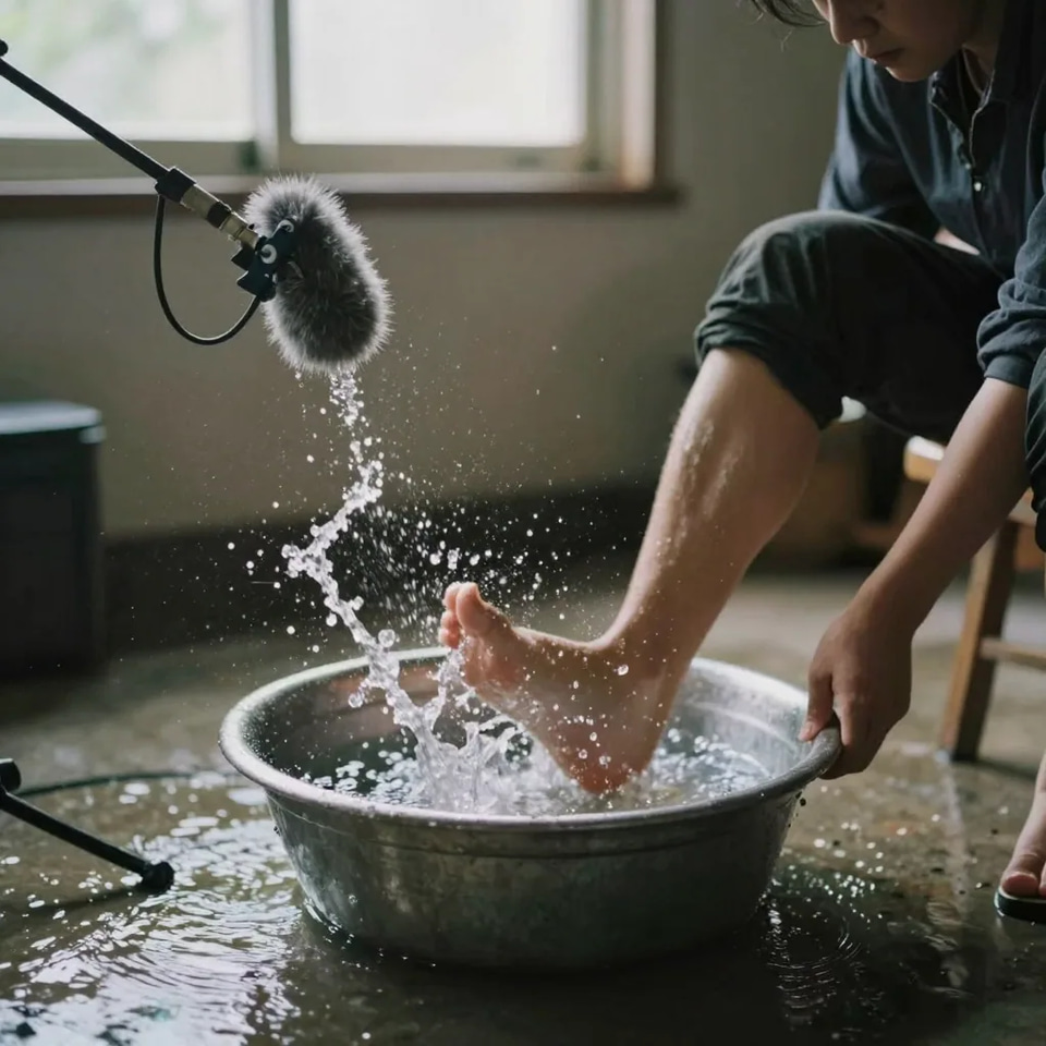 Illustration: a foley recordist stomping in shallow water in a metal basin beside a shock-mounted microphone, splashes frozen mid-air