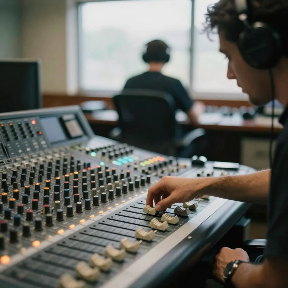 An engineer in headphones pushing a fader on a large mixing console, with a second person working at a desk behind him