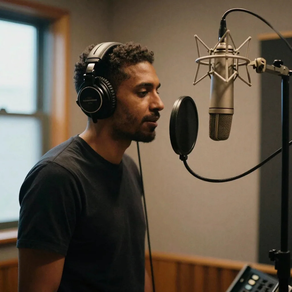 A man in closed-back headphones speaking into a shock-mounted condenser microphone behind a pop filter, in a wood-panelled booth beside a window