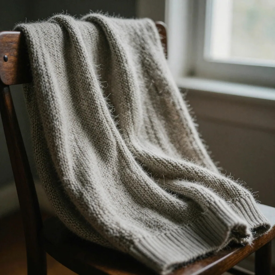 A knitted wool blanket draped over a wooden chair by a window, each loop and stray fibre distinct in soft afternoon light