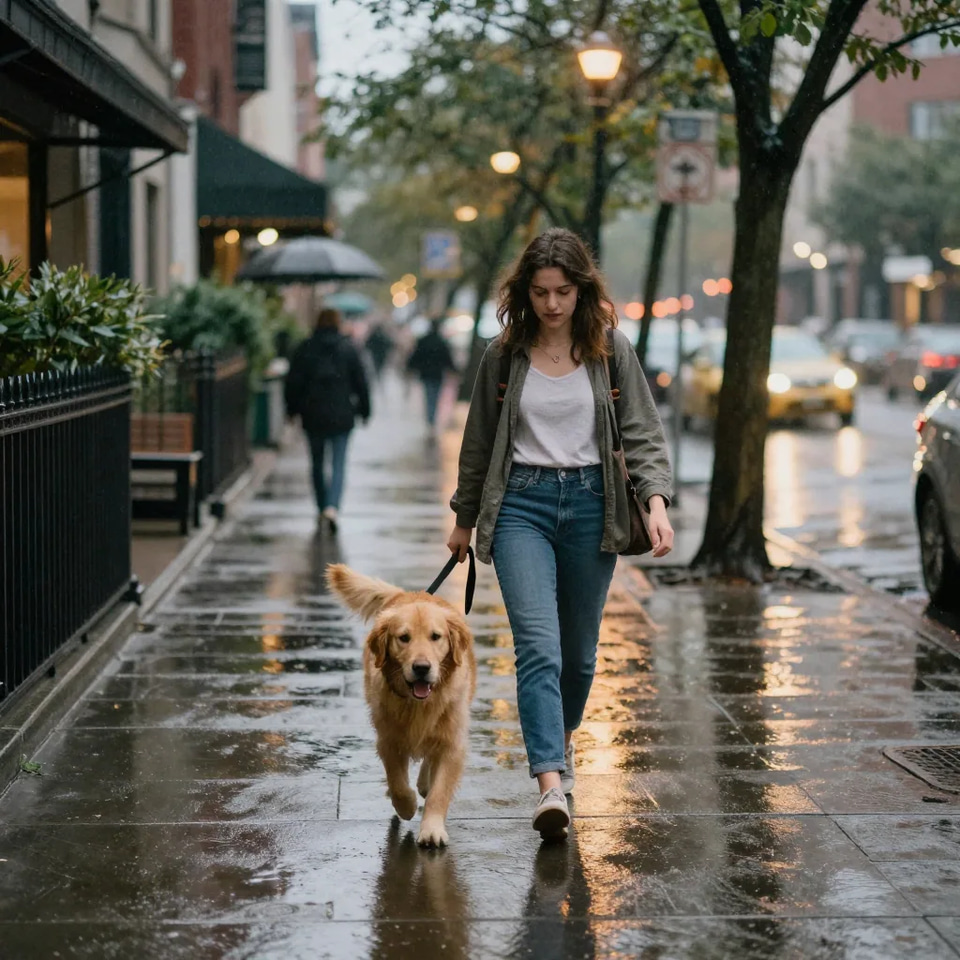 A woman walking a golden retriever along a rain-soaked city sidewalk, streetlamps and car lights smeared into the wet paving