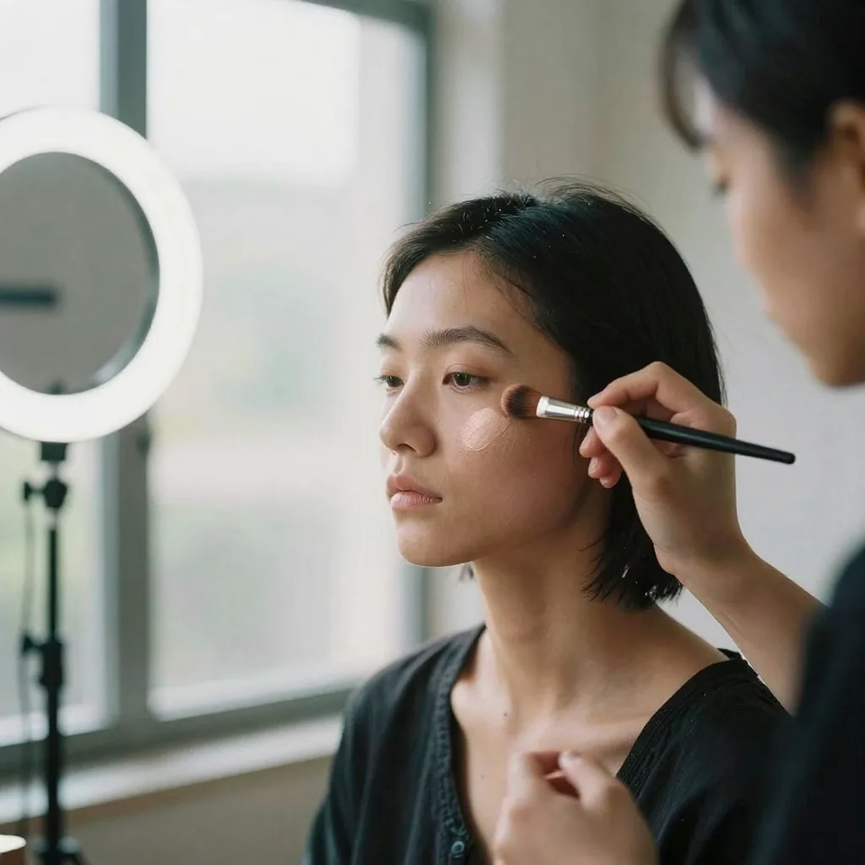 A makeup artist’s hand sweeping a brush across a model’s cheekbone beside a lit ring light and a bright window