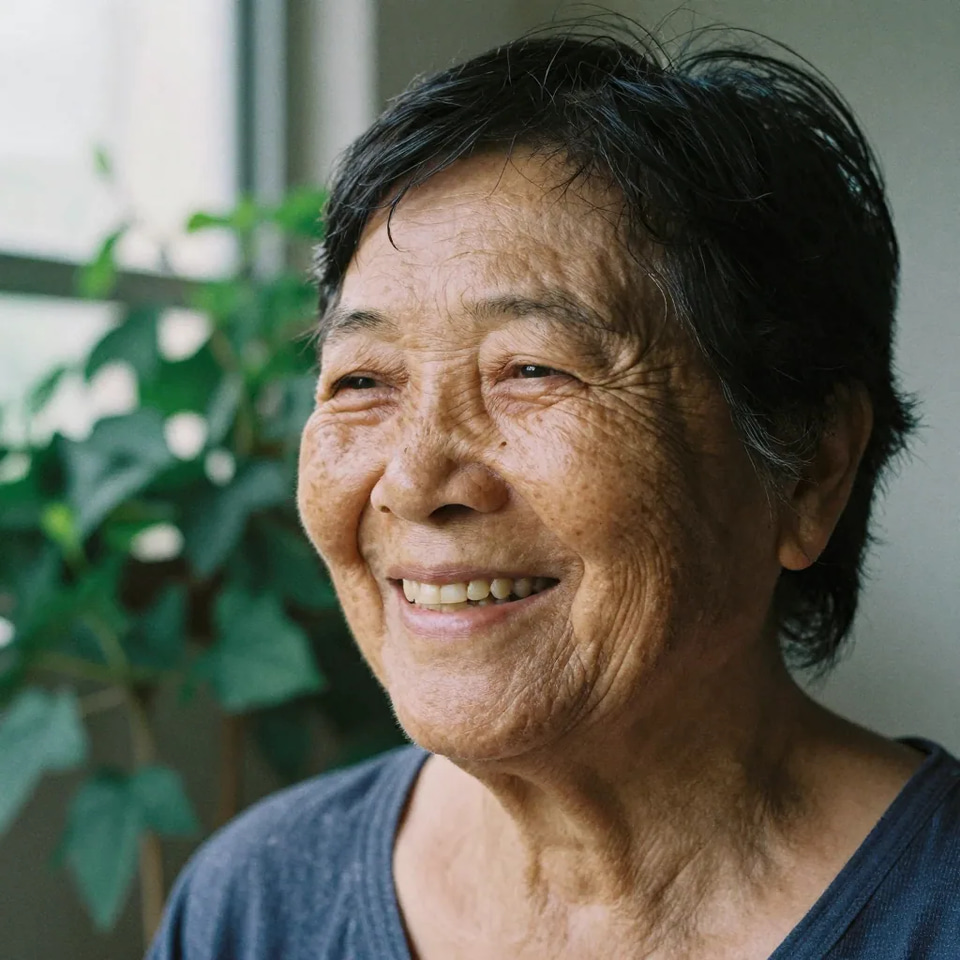 A smiling older woman in candid indoor daylight, deep laugh lines and sun freckles across her cheeks, green foliage blurred behind her