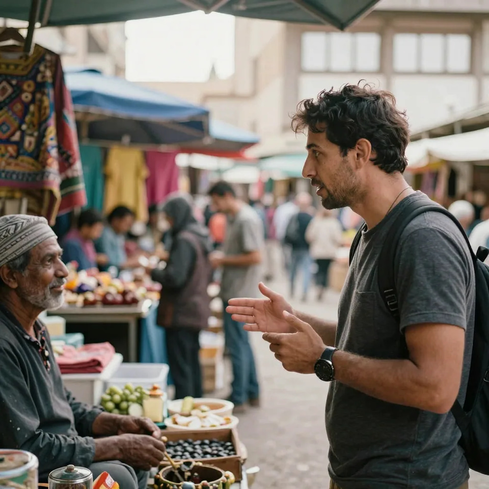 A traveller with a backpack talks with a stallholder at a busy outdoor market, gesturing mid-explanation — one message landing in another market’s language