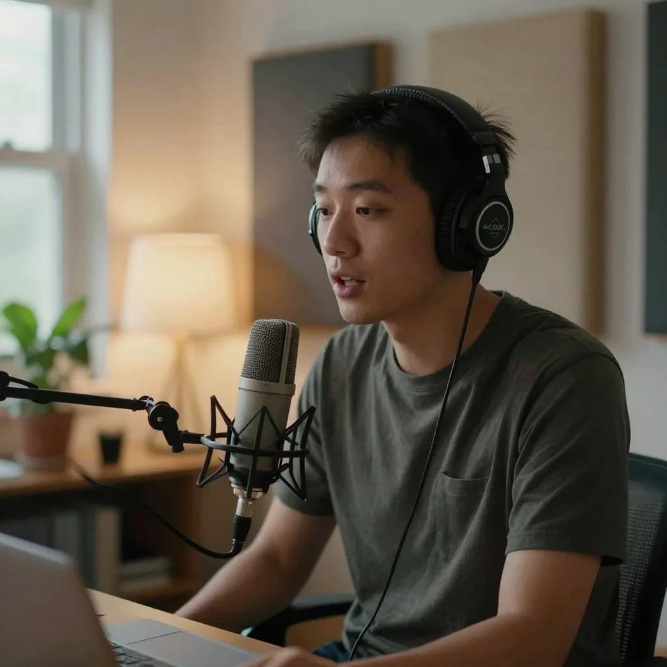 A creator in headphones speaks into a desk microphone in a warm home studio with a laptop open in front of him — a lesson or episode recorded once and dubbed for other regions