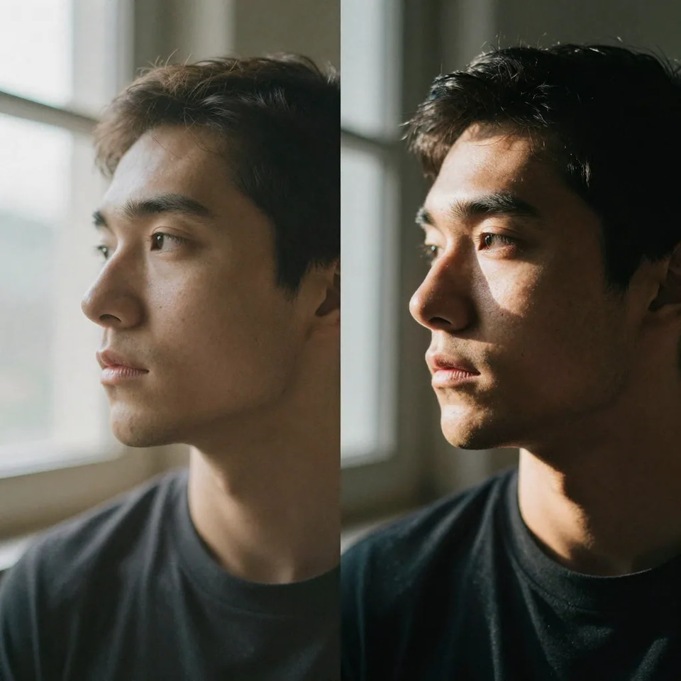 Illustration: the same man’s profile portrait twice side by side — flat window light on the left, harder directional light on the right