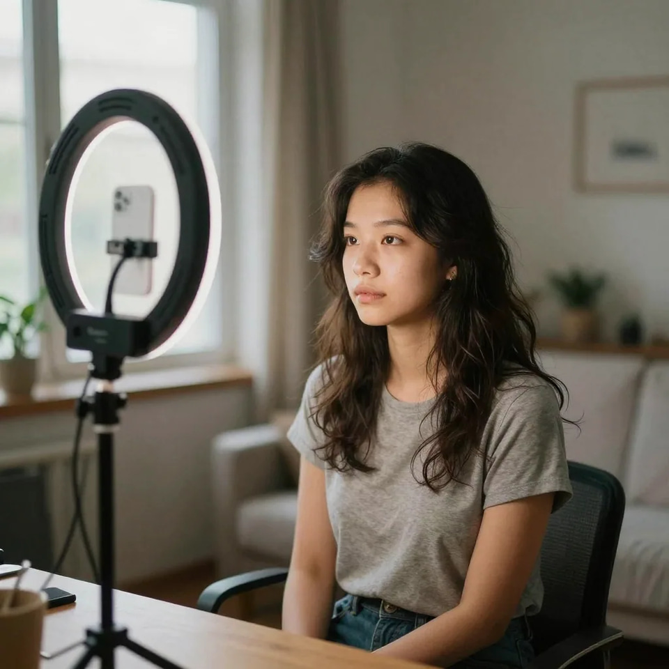 A creator sitting at a desk beside a ring light with a phone clamped in it, filming in a living room
