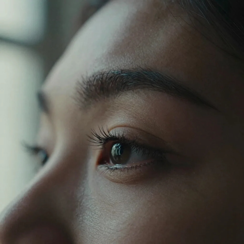 Illustration: macro close-up of an eye and eyebrow, lashes and a bright catchlight sharply resolved against soft window light