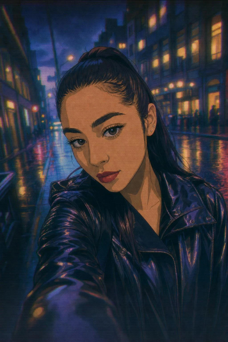 A selfie of a young woman in a black rain jacket restyled as a 1990s cel anime frame in a rainy neon city, with a before/after slider