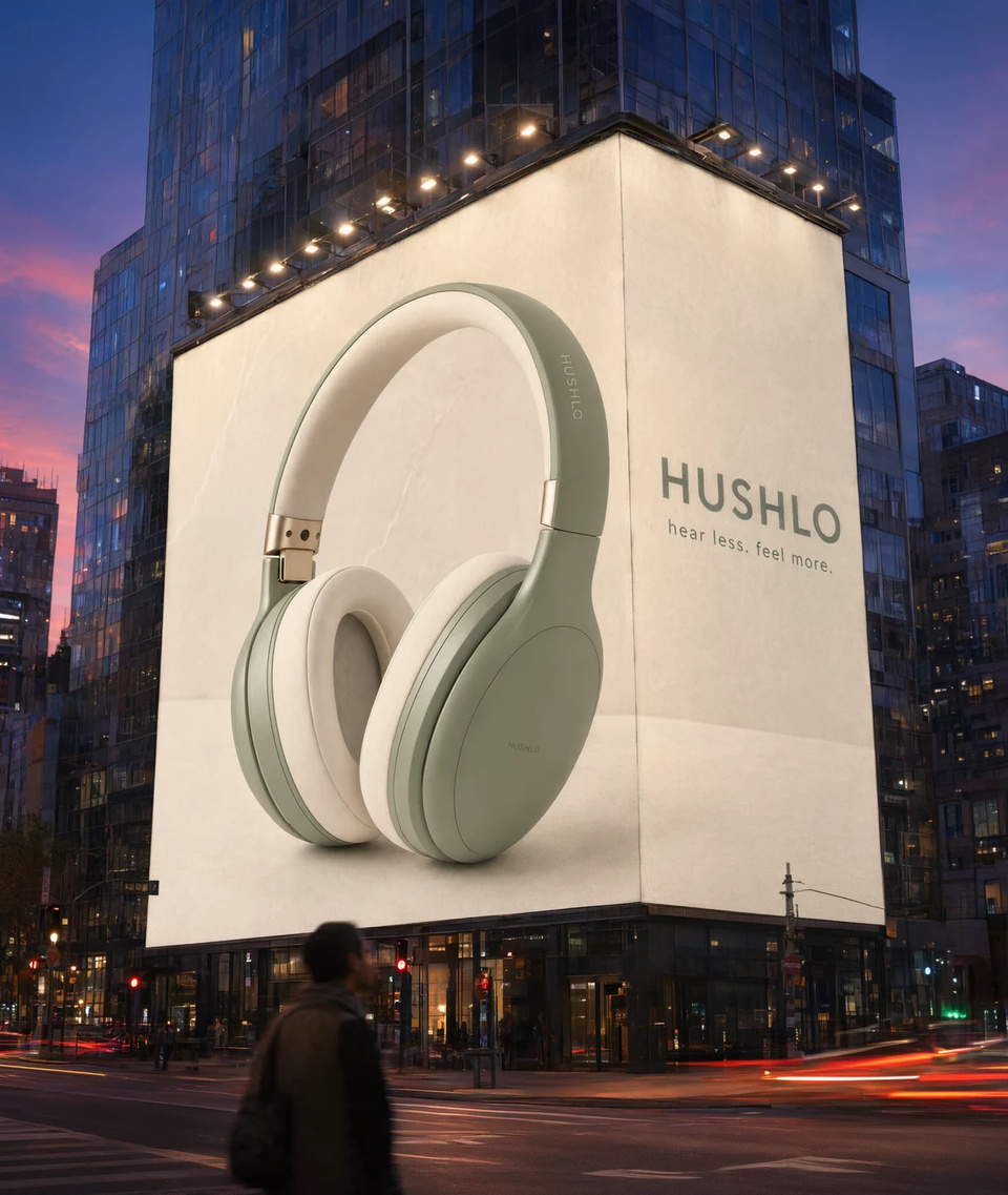 A product photo of sage HUSHLO headphones placed on a lit billboard on a glass skyscraper at dusk, with a before/after slider