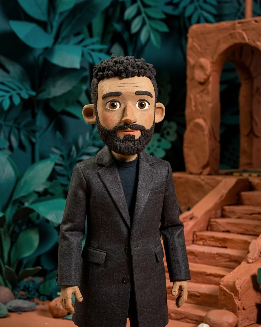 Original adult male character rendered in tactile paper and clay among teal paper leaves