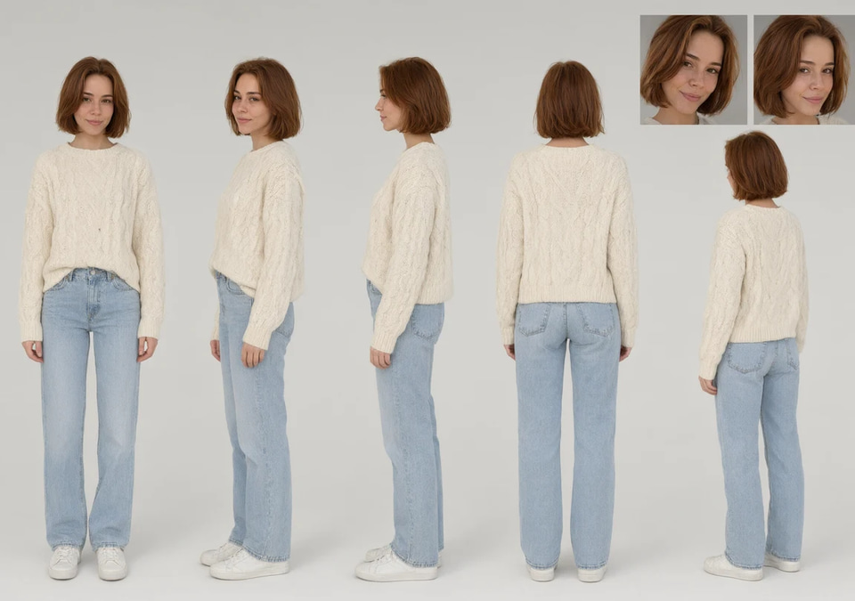 A selfie of a young woman with an auburn bob turned into a character sheet with five full-body views and two head studies, with a before/after slider