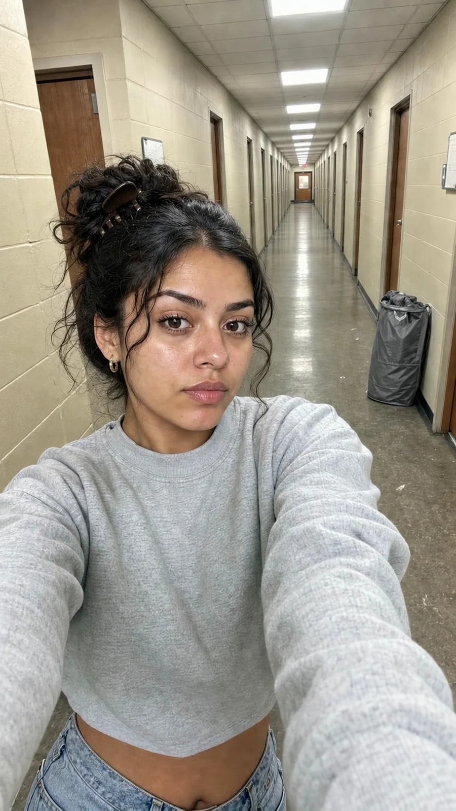 Arm's-length selfie of a young woman in a dorm hallway. Her face stays perfectly still and the same size while the hallway behind her warps in a dolly zoom, and the far door rushes up until it fills the frame behind her shocked face.
